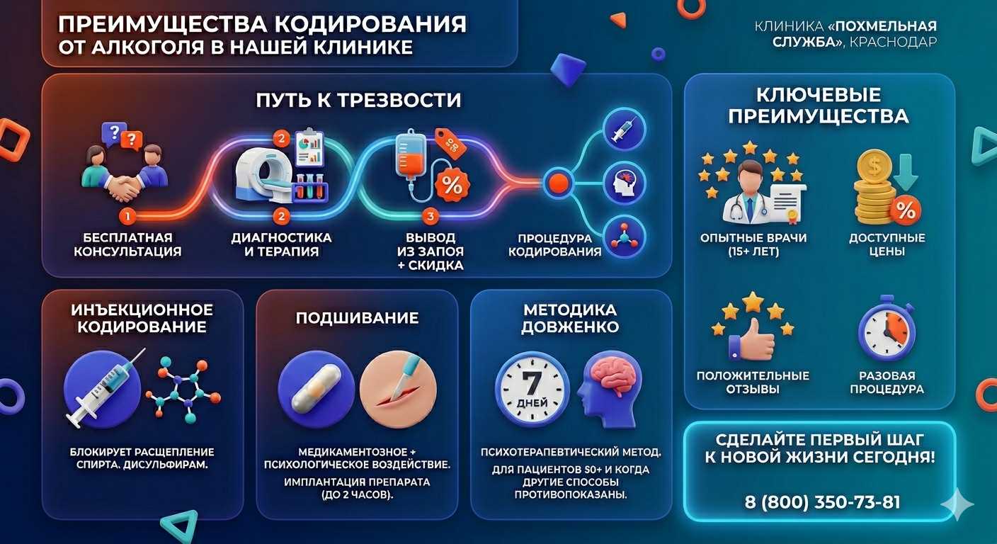 Инфографика о методах кодирования от алкоголя в Шушенском: инъекции, подшивание, метод Довженко. Преимущества клиники и этапы лечения.