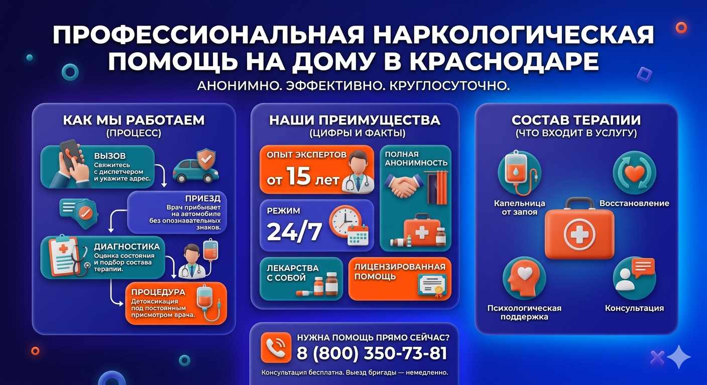 Инфографика о принципах лечения алкоголизма на дому в Шушенском: этапы вызова нарколога, преимущества анонимной детоксикации и состав медицинской помощи.